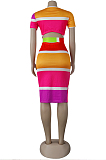 Colourful Simplee Polyester Colorblock Short Sleeve Round Neck Spliced Hollow Out Bodycon Skirt KF158