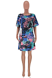 Colorful Blue Basics Polyester Animal Graphic Short Sleeve Round Neck All Over Print Shift Dress CYY8550