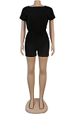 Black Casual Cotton Short Sleeve Knotted Strap Tee JumpsuitK8904