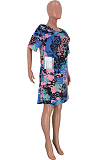 Colorful Blue Basics Polyester Animal Graphic Short Sleeve Round Neck All Over Print Shift Dress CYY8550