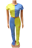 Yellow Sporty Polyester Colorblock Short Sleeve Round Neck Crop Top  Ruffle Ripped Long Pants Sets FA7100