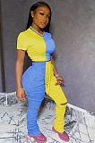 Yellow Sporty Polyester Colorblock Short Sleeve Round Neck Crop Top  Ruffle Ripped Long Pants Sets FA7100