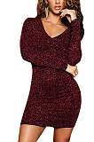Wine Red Elegent Glitter Long Sleeve Lapel Neck Above Knee / Short Skirt JLX6862