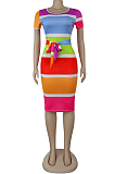 Colourful Simplee Polyester Colorblock Short Sleeve Round Neck Spliced Hollow Out Bodycon Skirt KF158