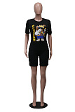 Black Casual Polyester Cartoon Graphic Short Sleeve Round Neck Sets SY8528