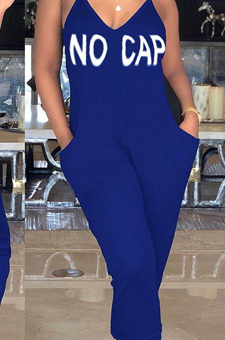 Blue Sexy Polyester Letter Sleeveless Cold Shoulder Flat Pocket Cami Jumpsuit CYY8552
