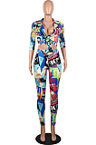 Multi Sexy Polyester Letter Half Sleeve  All Over Print  Sets AL009