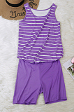 Purple Casual Cotton Striped Sleeveless Round Neck Capris Pants Sets K8906