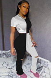 Black Sporty Polyester Colorblock Short Sleeve Round Neck Crop Top  Ruffle Ripped Long Pants Sets FA7100