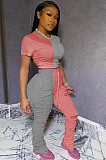 Pink Sporty Polyester Colorblock Short Sleeve Round Neck Crop Top  Ruffle Ripped Long Pants Sets FA7100