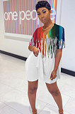 White Sexy Polyester Striped Short Sleeve V Neck Top Shorts Sets HG013