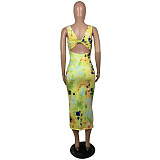 Tied-dye Yellow Deep V Neck Hollow-out Back Skinny Tank Dress BS1178