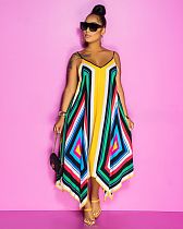 Casual Polyester Geometric Graphic Halterneck Flounce Slip Dress