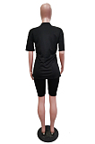Black Casual Letter Short Sleeve Round Neck Shorts Sets YYF8078