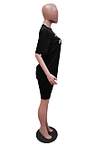 Black Casual Letter Short Sleeve Round Neck Shorts Sets YYF8078
