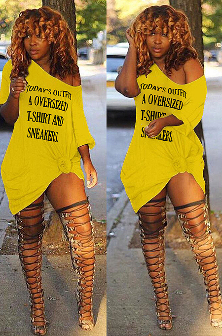Yellow Sexy Polyester Letter Off Shoulder Shift Dress DN8375