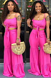Rose Red Sexy Polyester Cold Shoulder Tie Front Crop Top White Sexy Polyester Wide Leg Pants Sets LD8331