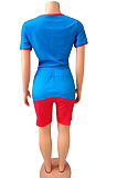 Light Blue Sporty Polyester Letter Short Sleeve Round Neck Contrast Binding Crop Top Capris Pants Sets FA7102