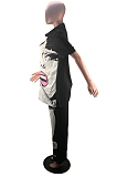 Pink Casual Figure Graphic Short Sleeve Notched Neck Utility Blouse Mid Waist Long Pants Sets DMM8117
