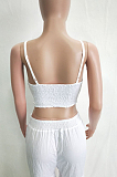 Red Sexy Polyester Cold Shoulder Tie Front Crop Top White Sexy Polyester Wide Leg Pants Sets LD8331