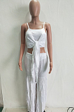 Rose Red Sexy Polyester Cold Shoulder Tie Front Crop Top White Sexy Polyester Wide Leg Pants Sets LD8331