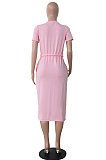 Pink Casual Letter Short Sleeve Round Neck Waist Tie Long Dress MA6525