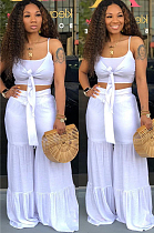 White Sexy Polyester Cold Shoulder Tie Front Crop Top White Sexy Polyester Wide Leg Pants Sets LD8331