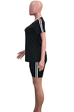Black Casual Sporty Short Sleeve Round Neck Utility Blouse Skinny Top Pants Sets SN3756