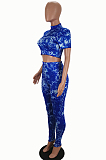 Red Sexy Floral Short Sleeve Round Neck Flutter Sleeve Crop Top Long Pants Sets SH7172