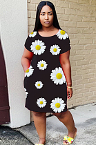 Black Casual Floral Short Sleeve Round Neck Shift Dress MA6559