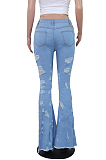 Blue Casual Polyester Ripped Flare Leg Pants MA6555