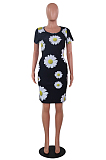 Black Casual Floral Short Sleeve Round Neck Shift Dress MA6559