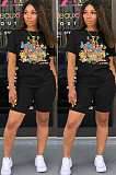 Black Casual Cartoon Graphic Short Sleeve Round Neck Skinny Pants Sets DMM8118