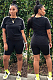 Black Casual Sporty Short Sleeve Round Neck Utility Blouse Skinny Top Pants Sets SN3756