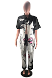 Khaki Casual Figure Graphic Short Sleeve Notched Neck Utility Blouse Mid Waist Long Pants Sets DMM8117
