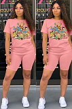 Black Casual Cartoon Graphic Short Sleeve Round Neck Skinny Pants Sets DMM8118