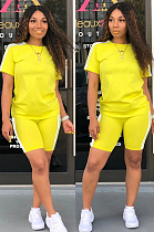 Yellow Casual Sporty Short Sleeve Round Neck Utility Blouse Skinny Top Pants Sets SN3756