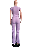 Purple Casual Plants Short Sleeve Round Neck Waist Tie Utility Blouse High Waist Long Pants Sets SN3508