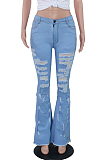 Blue Casual Polyester Ripped Flare Leg Pants MA6555