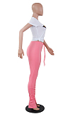Pink Casual Mouth Graphic Short Sleeve Round Neck Ruffle Utility Blouse Long Pants Sets MA6560