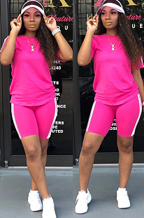 Rose Red Casual Sporty Short Sleeve Round Neck Utility Blouse Skinny Top Pants Sets SN3756