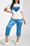Blue Casual Polyester Heart Graphic Short Sleeve Round Neck Beaded Utility Blouse Top Cropped Pants Sets LD8710LD8710