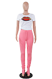 Pink Casual Mouth Graphic Short Sleeve Round Neck Ruffle Utility Blouse Long Pants Sets MA6560