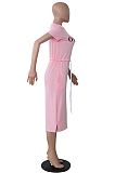 Pink Casual Letter Short Sleeve Round Neck Waist Tie Long Dress MA6525