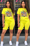 Pink Casual Cartoon Graphic Short Sleeve Round Neck Skinny Pants Sets DMM8118