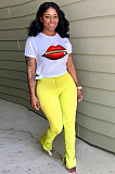 Light Green Casual Mouth Graphic Short Sleeve Round Neck Ruffle Utility Blouse Long Pants Sets MA6560