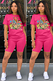 Yellow Casual Cartoon Graphic Short Sleeve Round Neck Skinny Pants Sets DMM8118