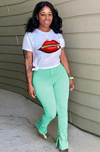 Light Green Casual Mouth Graphic Short Sleeve Round Neck Ruffle Utility Blouse Long Pants Sets MA6560