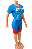 Blue Sporty Polyester Letter Short Sleeve Round Neck Contrast Binding Crop Top Capris Pants Sets FA7102