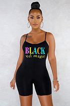 Black Casual Sexy Polyester Letter Sleeveless Scoop Neck Spaghetti Strap  Open Back Cami Jumpsuit SN3765